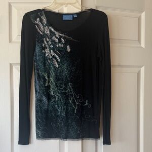 Simply Vera Vera Wang Black Long-Sleeve Tee with Teal Green Embellished Graphic